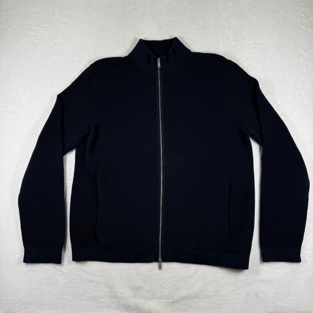 Theory Avell FZ Breach Navy Blue Ribbed Cotton Full Zip Mock Neck Sweater XL